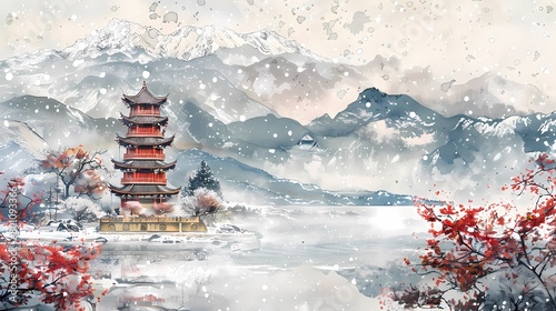 Snow scene and traditional building illustration poster background