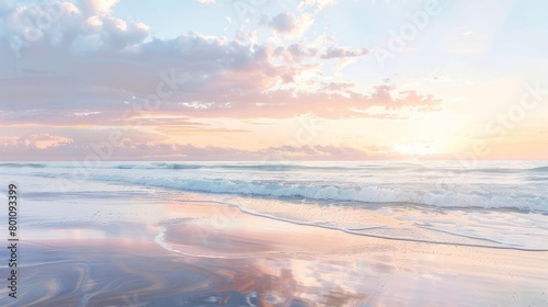 Watercolor panorama of a calm beach at sunrise, soft pastels reflecting off the gentle waves, instilling peace and tranquility