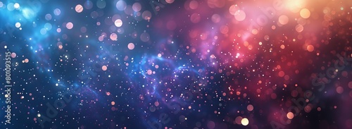 A background of stars and galaxies in shades of blue, purple and red, with some glowing particles scattered throughout.  photo