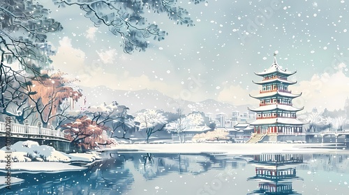 Snow scene and traditional building illustration poster background © jinzhen