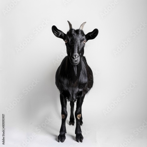 A black goat stands in front of a white background