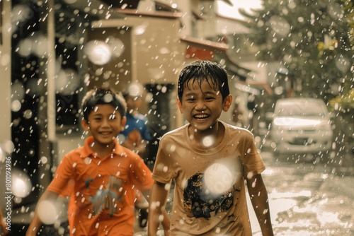 Two boys are playing in the rain, one wearing an orange shirt