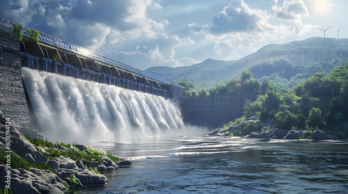 Sunny day at a serene dam where water cascades down amidst lush greenery