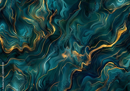 A seamless pattern with digital art of swirling, vibrant teal and gold lines, their forms evoking the intricate patterns found in chalcedony geology.  photo