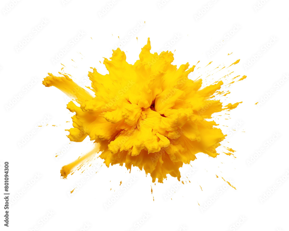 An explosive cloud of bright yellow paint splatters radiating outward, against a stark transparent background. Generative AI An explosive cloud of bright yellow paint splatters radiating outward, against a stark transparent background. Generative AI
