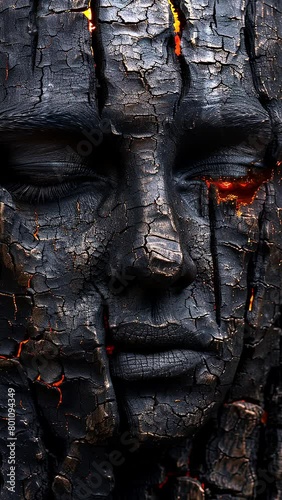 Wallpaper Mural Black charred face with veins of wood. Model Fashon.  Cinematic style. Burning charcoal. Background with flying patterns. Generate AI. Torontodigital.ca
