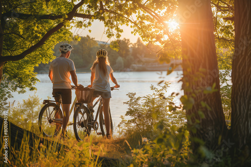 Obraz na płótnie Young couple on a bicycle taking a break at an idyllic lake as the sun sets (A.I.-generated) w salonie