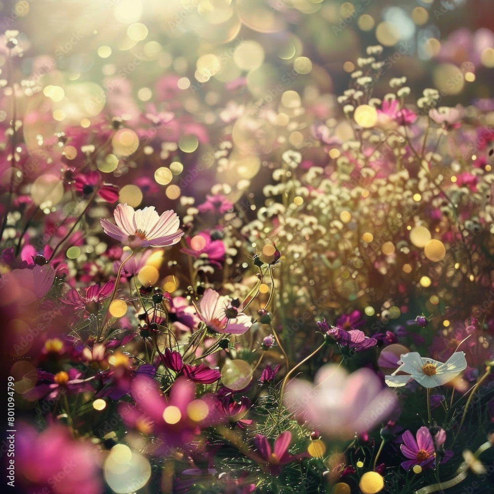 A field of flowers with a lot of pink and white flowers