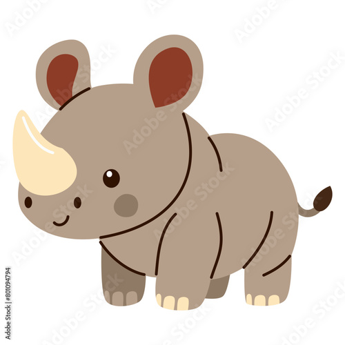 Flat vector illustration in children s style. Cute rhinoceros on white background . Vector illustration