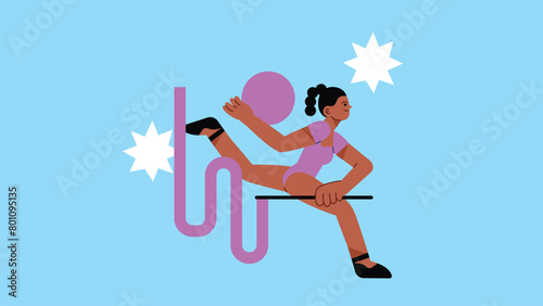 Professional gymnast girl perform dance with ribbon. Rhythmic gymnastic training and stretching concept. Trendy design vector illustration