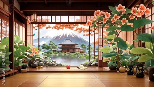 Japanese living room. lake and mountain views photo