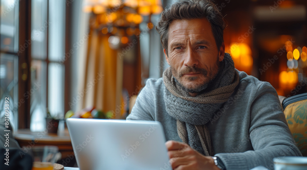 Obraz premium Man sits in cafe with laptop and cup of coffee.