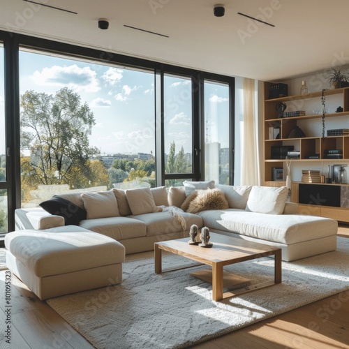 A large white sectional sofa is in a living room with a view of the city © tope007