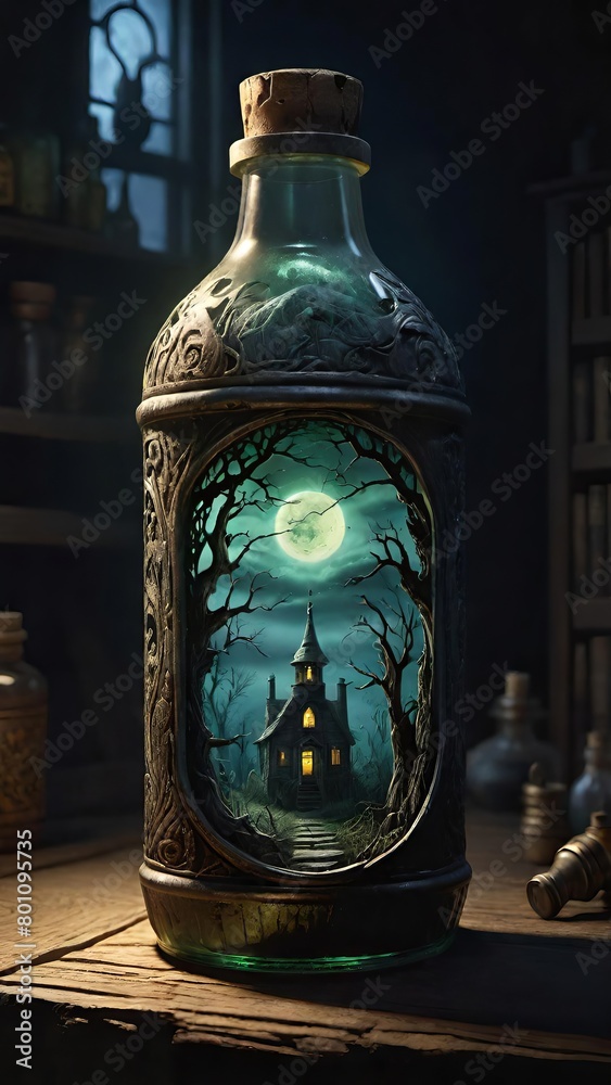 Spooky Haunted House Silhouette in Bottle Under Eerie Moonlight on Wooden Surface for Halloween