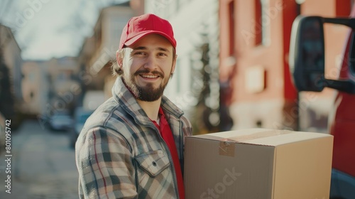 Kerry delivery service. A delivery man wearing a hat and uniform carries a cardboard box near a van delivering it to a customer's home.
