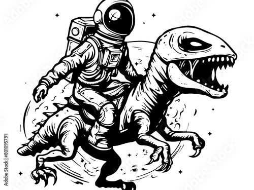 Astronaut flies to aliens tyrannosaur, coloring book style. Raster, generative ai. © toricheks
