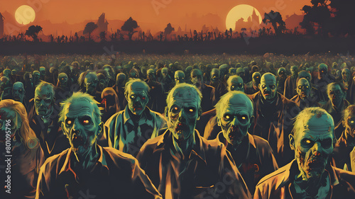 zombie crowd walking at night, halloween concept. AI generated image, ai. photo