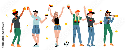 Group of fans cheering with German flags, beers, and football. Vector illustration isolated on white background. Sport and soccer celebration. 