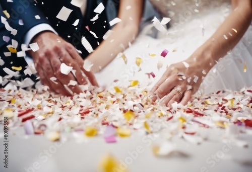 'streamers ceremony paper Romantic groom confetti scattered bride happy wedding happiness gown kiss married engagement husband marriage wife hum'