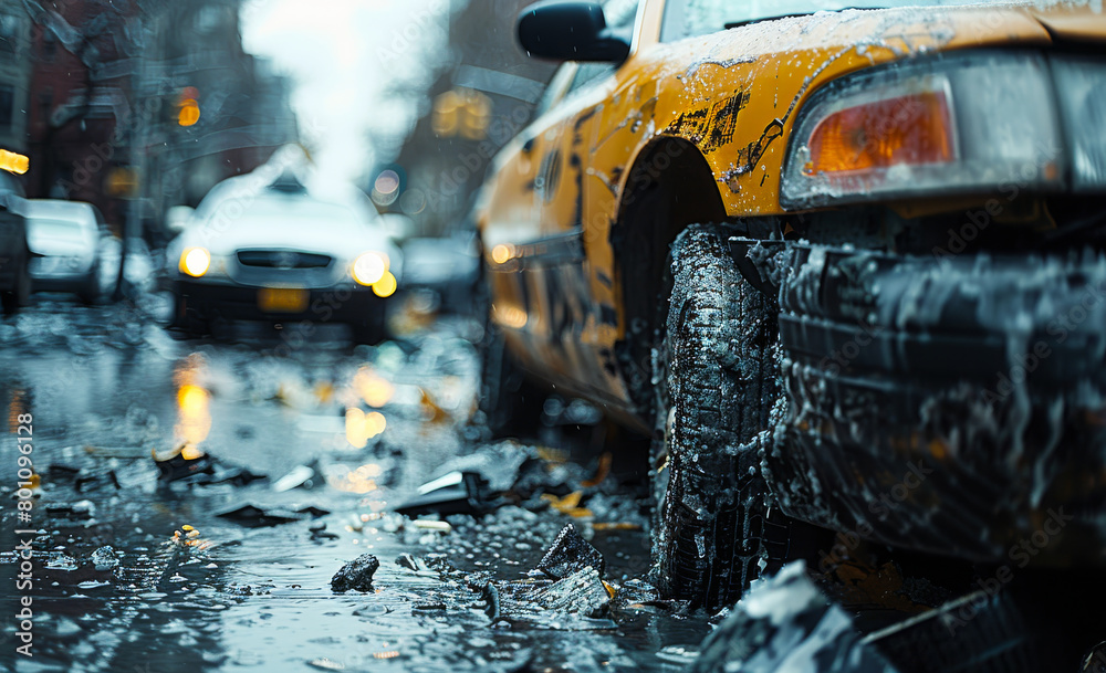 Fototapeta premium Closeup of an accident with two cars on the road, focusing on a damaged black car after a traffic crash in the city during the day