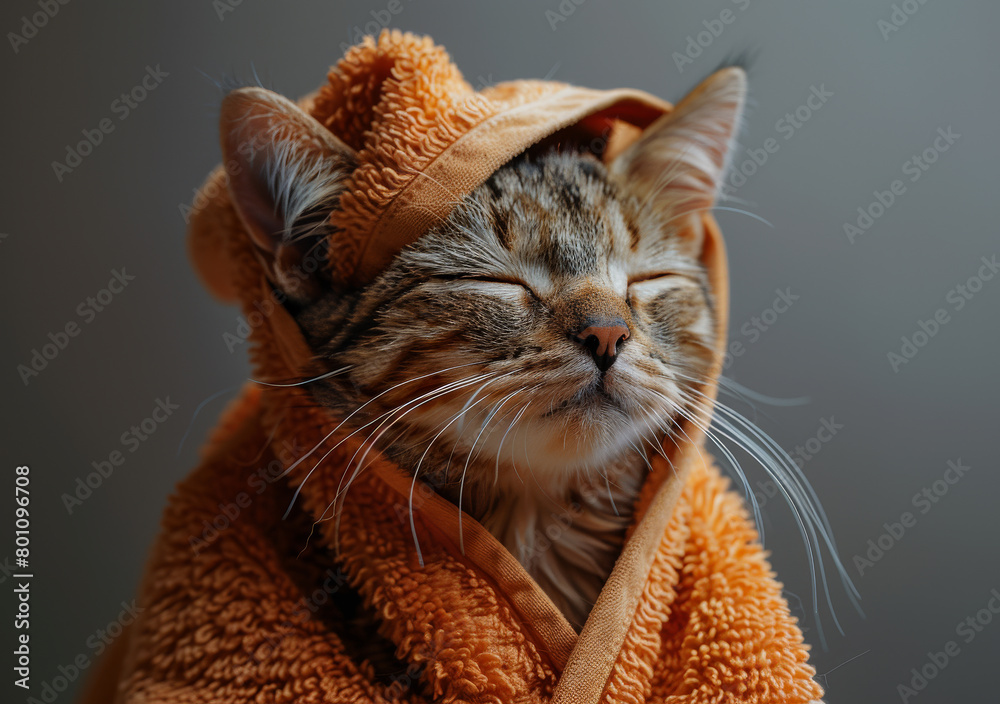 Naklejka premium Cute little cat is sitting on the bed after bath wrapped in towel and sleeping. Pet care and washing concept
