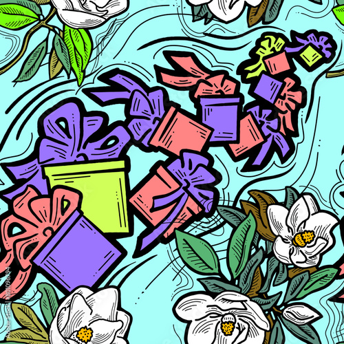 Gift box  ribbon and flowers seamless vector pattern for wrapping present with bow  party celebration  sale promotion  Textile print  fabric design  banner background. Hand drawn style illustration.