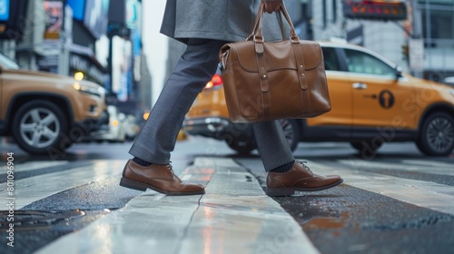 A man in a suit and leather shoes crosses a busy city street carrying a leather briefcase.