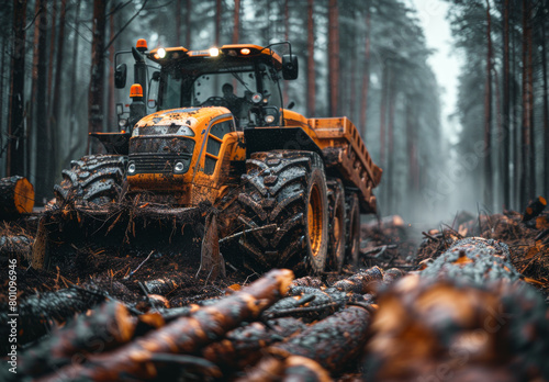 Large yellow tractor is driving through forest with logs.