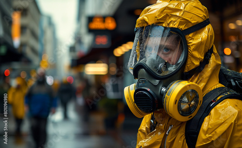 Man in yellow protective suit and gas mask