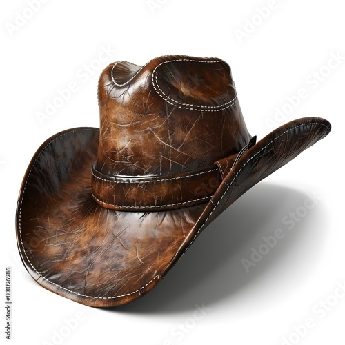 Brown leather cowboy hat on white background