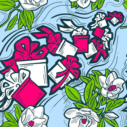 Gift box, ribbon and flowers seamless vector pattern for wrapping present with bow, party celebration, sale promotion, Textile print, fabric design, banner background. Hand drawn style illustration.