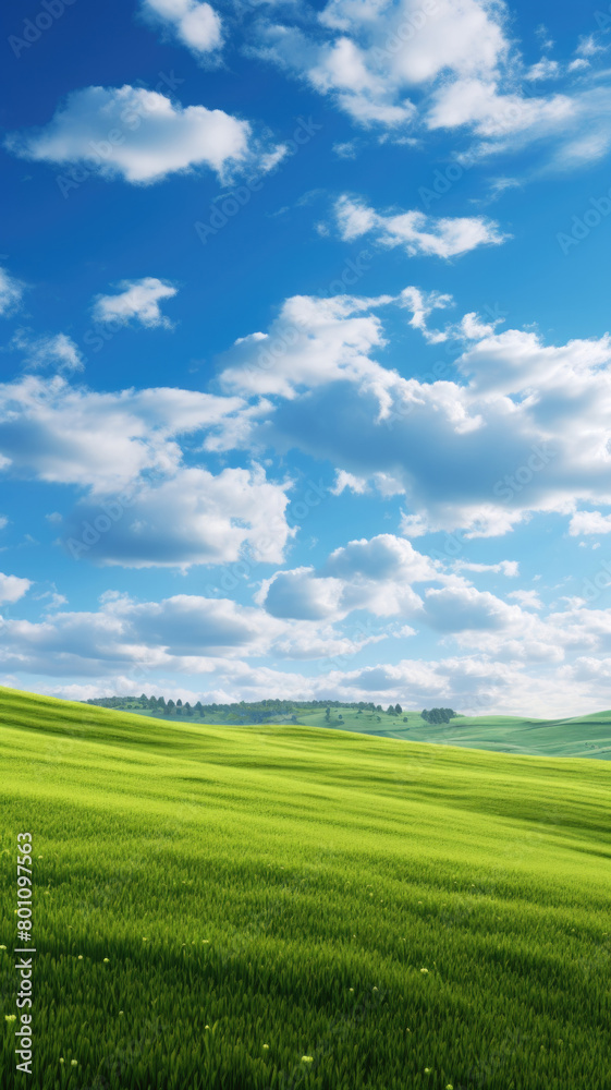 Natural background scene of green hills, blue sky, fluffy clouds, copy space