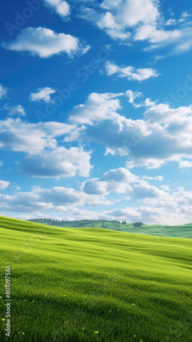 Natural background scene of green hills, blue sky, fluffy clouds, copy space © dvoevnore