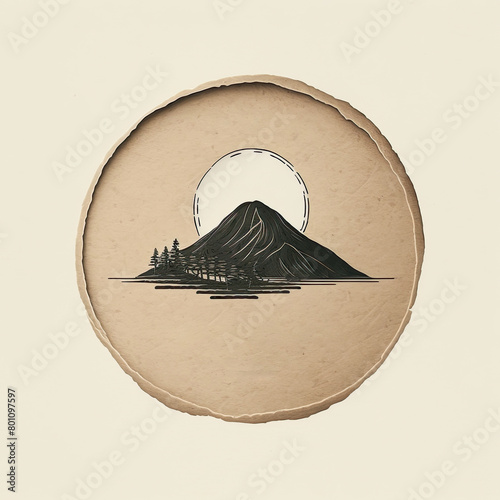 Minimalist black ink illustration mountain, circle sun symbol, vintage paper torn edge