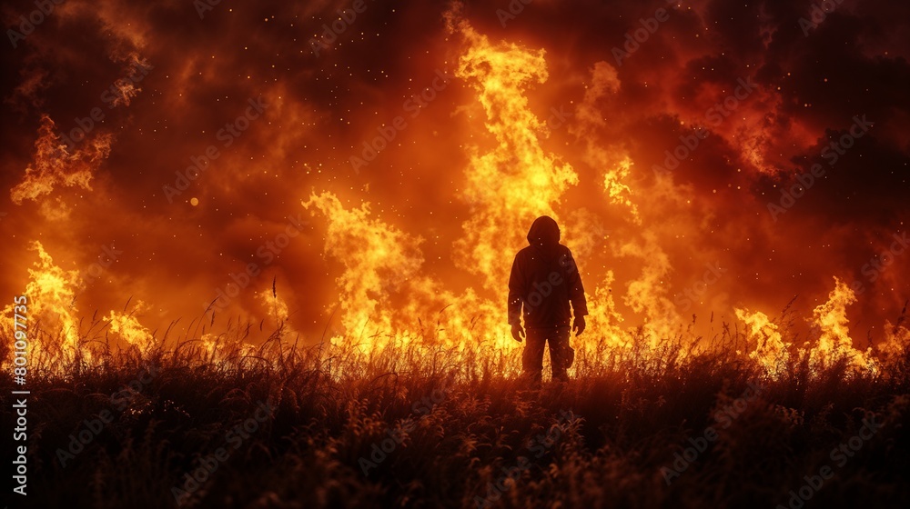 Fototapeta premium Silhouette of a person against roaring fire at night