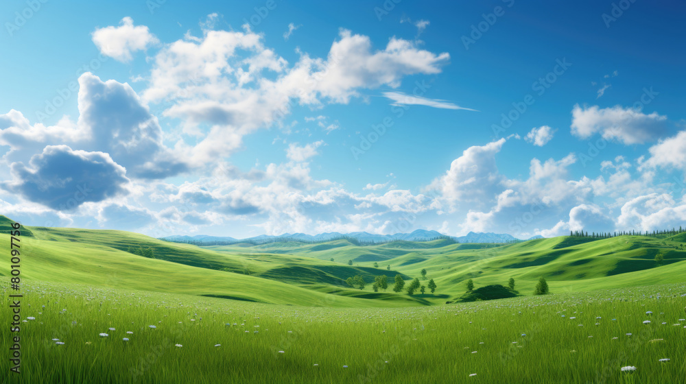 Obraz premium Natural background scene of green hills, blue sky, fluffy clouds, copy space