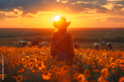 Woman is sitting in field at sunset and watching cows graze on meadow.