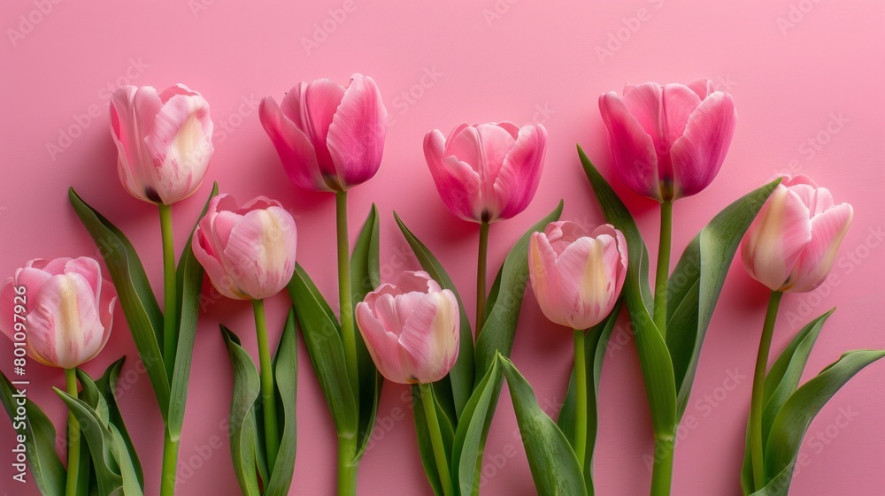 A row of pink flowers with green stems are arranged in a row