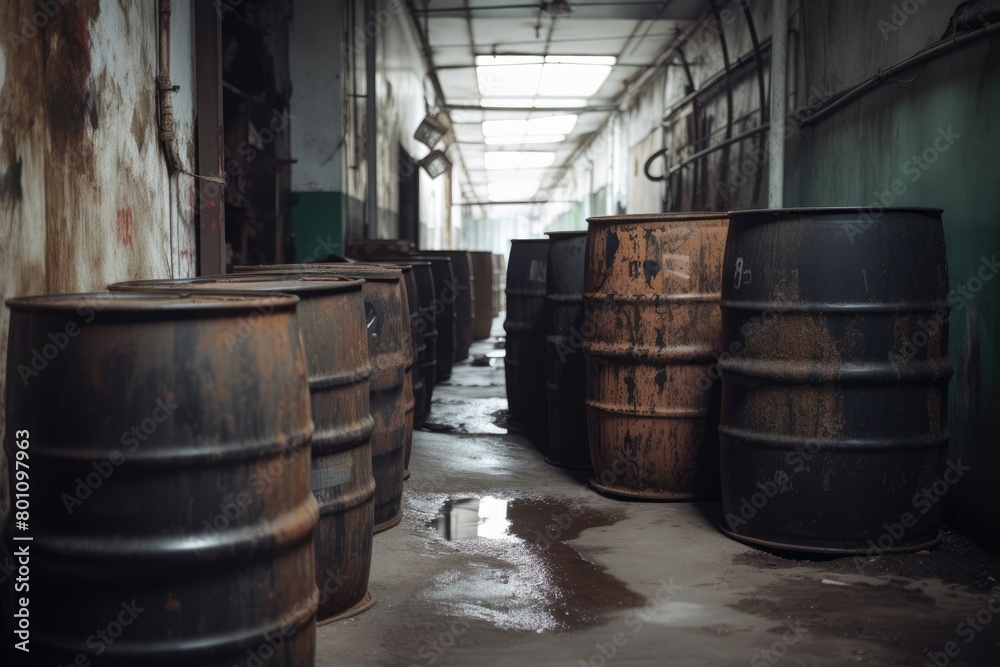 Сolorful, weathered oil barrels rows in warehouse, cargo ship, industrial vibe Сolorful, weathered oil barrels rows in warehouse, cargo ship, industrial vibe