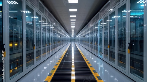 A long, brightly lit hallway with glass-doored server racks on either side.