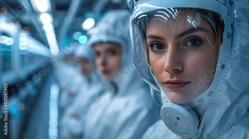 A young woman in a futuristic hazmat suit stands in a sterile environment