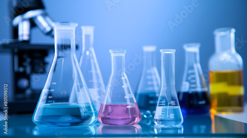 Glass flask in science laboratory background