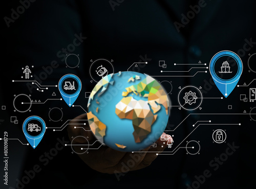 Businessman pointing at world marketing icons on virtual screen. Global Marketing strategy plan for world business. Success teamwork for development connection action plan. 