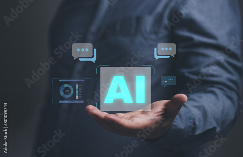 concept technology artificial intelligence ai connection chatbot. man use smartphone to input data Interact on the virtual screen. The conversation message between AI and user. Assistant service.