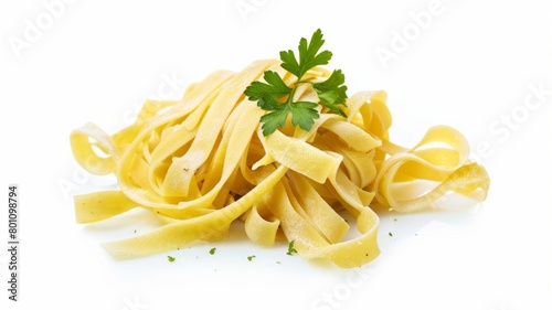 A bunch of pasta with a green herb on top