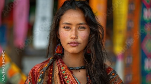 front facing portarait of attractive nepali woman, Nepal traditional background,