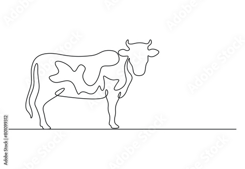Continuous one line drawing of cow. Isolated on white background vector illustration 