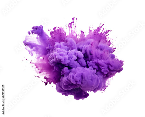A burst of purple ink cloud erupts in the air, forming an abstract flower shape with dynamic droplets on a pure white background. Generative AI