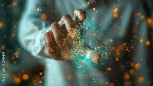 A person is holding a finger over a digital fingerprint