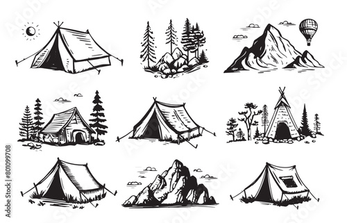 Camping set, Mountain landscape, hand drawn style, vector illustration.	
